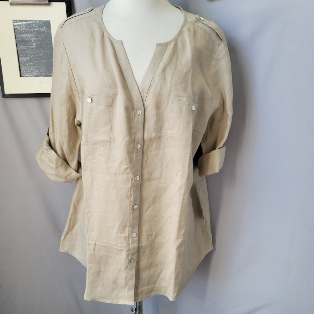 NEW Go by Go‎ Silk Linen Button Front Tunic Sesame XL